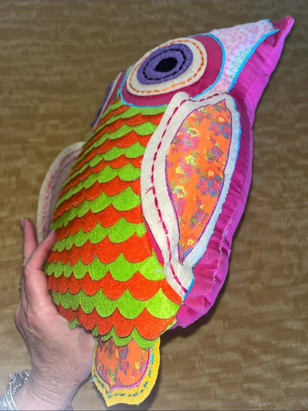 Karma Living Whimsical Owl Embroidered Accent Pillow Boho Felt Layered